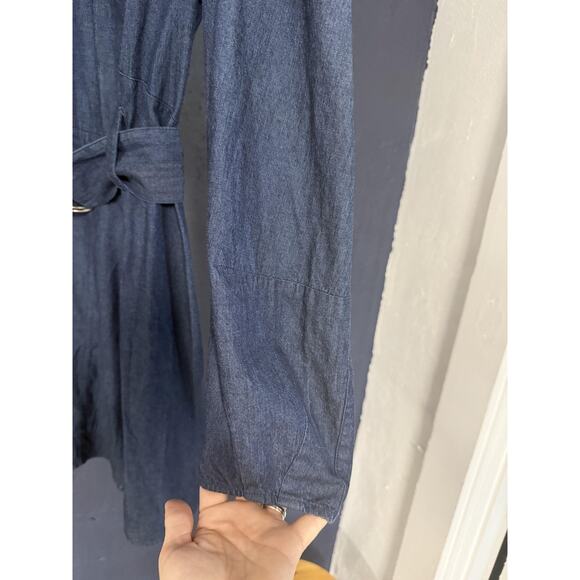 Free People Dress Womens Medium Blue Belted Long Sleeve Denim Mini Zip Back - Picture 5 of 8